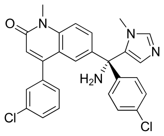 Skeletal formula of tipifarnib (R115777), a farnesyltransferase inhibitor that reached Phase III clinical trials Tipifarnib.svg