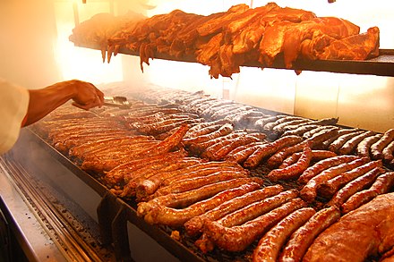 Meats being cooked at a barbecue restaurant in Chicago, Illinois