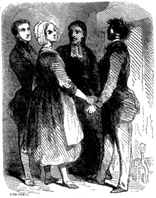 Jeanne et trois hommes discutent près du foyer d'une cheminée.