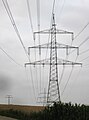 Donaumast mit drei Ebenen und vier Systemen (220/110 kV), dahinter Betonmast einer Mittelspannungsleitung