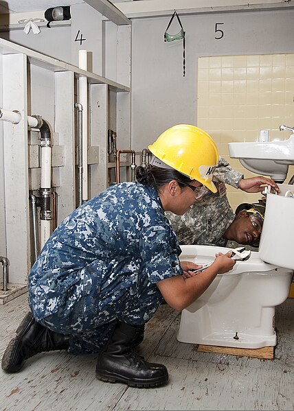 File:U.S. Navy Construction Apprentice Perla Arroyojaime, foreground, and U.S. Army Pfc. Jimmy Thompson, with the 366th Training Squadron, attach a toilet tank to the bowl of a bathroom at Sheppard Air Force Base 110725-F-NS900-014.jpg