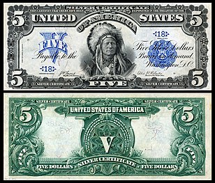 Obverse and reverse of an 1899 five-dollar silver certificate