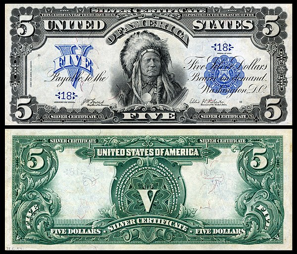 $5 Series 1899 silver certificate depicting Running Antelope of the Húŋkpapȟa.