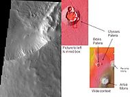 Ulysses Patera in Tharsis quadrangle, showing its location in relation to other volcanoes, as seen by THEMIS.