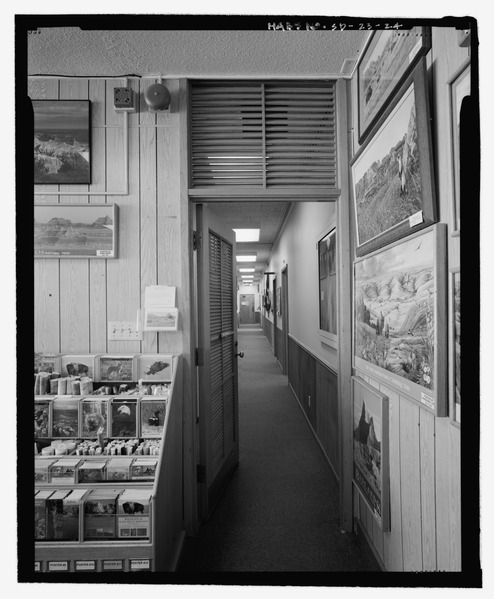 File:VIEW LOOKING DOWN HALL FROM LOBBY. - Cedar Pass Visitor Center, P.O. Box 6, Highway 240, Interior, Jackson County, SD HABS SD-23-24.tif