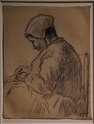 Vieille femme cousant, lithographie de Pissaro.