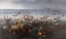 Day seven of the battle with the Armada, 7 August 1588, by Hendrick Cornelisz Vroom, 1601 Vroom Hendrick Cornelisz Battle between England and Spain 1601.jpg