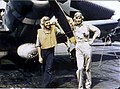 1942 - Ensign George Gay (right), sole survivor of Torpedo Squadron 8 (VT-8)'s TBD Devastator squadron, in front of his aircraft before the Battle of Midway