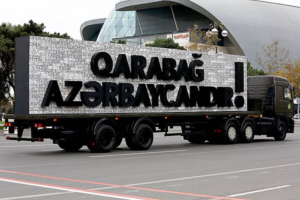 A truck with the slogan "Karabakh is Azerbaijan" at the Baku Victory Parade on 10 December 2020. The parade was held in honor of the Azeri victory in 