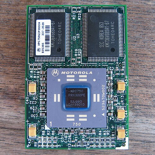300 MHz Motorola PowerPC 750 processor with off-die L2 cache on the CPU module from a Power Mac G3.