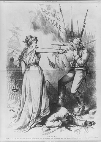 A sword-wielding Columbia in an 1874 Thomas Nast cartoon, protecting an injured black man from being beaten by a mob of White Leaguers
