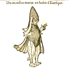 1558, Guillaume Rondelet, Monstre marin en habit d'évêque, Histoire entière des poissons, p. 362.