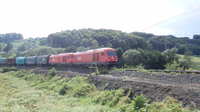 Ein gemischter Güterzug fährt bergwärts den Söchauer Berg hinauf, hier zu sehen bei Tiefenbach