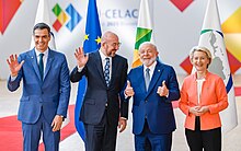 Spanish prime minister Pedro Sanchez (left), European Council president Charles Michel (center left), Brazilian president Luiz Inacio Lula da Silva (center right), and European Commission president Ursula von der Leyen (right) at the 3rd EU-CELAC summit in Brussels, 17 July 2023 17.07.2023 - Sessao de abertura da III Cupula CELAC-UE (53053149350).jpg