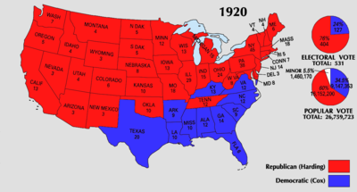 November 2, 1920: Warren G. Harding elected U.S. president with 60% of the popular vote, 76% of the electoral vote 1920 Electoral Map.png