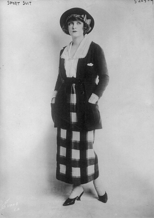 Woman wearing a "sport suit," American, June 1920. Sportswear originally described interchangeable separates, as here. Signed "Evans, LA"