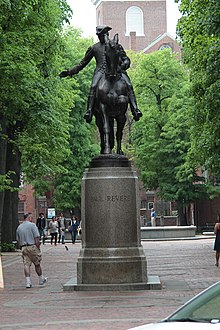 Paul Revere (1940) by Cyrus Edwin Dallin, North End, Boston, Massachusetts. The Old North Church is visible in the background. 2010 NorthEnd Boston 4621037522.jpg