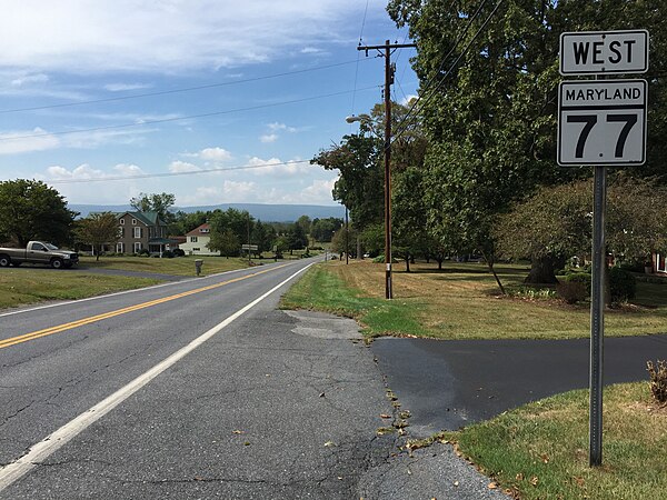 View west along MD 77 west of MD 76 in Rocky Ridge