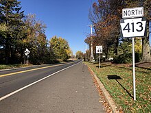 PA 413 northbound in Wrightstown Township 2022-11-02 10 48 51 View north along Pennsylvania State Route 413 (Durham Road) just north of Pennsylvania State Route 232 (Windy Bush Road-Second Street Pike) in Wrightstown Township, Bucks County, Pennsylvania.jpg