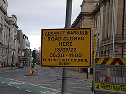 A sign on Alfred Gelder Street in Kingston upon Hull warning of road closures due to the Queen's Baton Relay for the 2022 Commonwealth Games