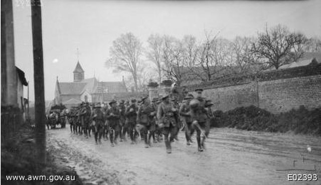 27th Battalion, 2nd Division, enters the town of Beaucourt-sur-l'Ancre in the Somme, France.