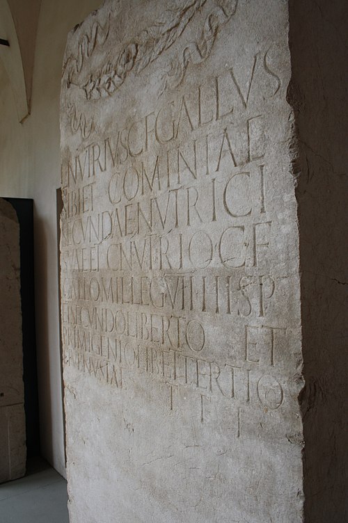 A funerary stele (akin to a gravestone) erected by Roman citizen Lucius Nutrius Gallus in the 2nd half of the 1st century AD for himself, his wet nurs