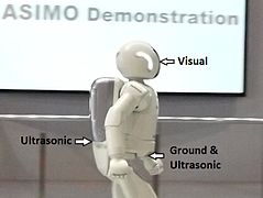 ASIMO environment identifying sensors which include visual, ground, and ultrasonic sensors