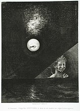 Στον ορίζοντα ο Άγγελος των Βεβαιοτήτων και στον σκοτεινό ουρανό ένα ερωτηματικό βλέμμα. Λιθογραφία από τον κύκλο Πόε, 1882