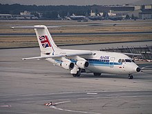 An Air UK BAe 146-200 in the second scheme at Frankfurt Airport in 1994. Air UK BAe-146-200.jpg