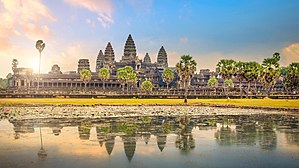 The 12th-century Angkor Wat temple complex in Cambodia is the largest Religious complex in the world dedicated to Hindu Deity Vishnu. Ankor Wat temple.jpg