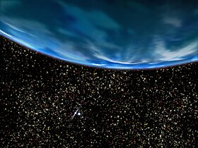 Représentation du système planétaire de PSR B1620-26, avec la planète en avant-plan et le pulsar et la naine blanche dans le lointain.