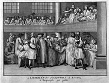 A woman publicly witnessing at a Quaker meeting seemed an extraordinary feature of the Religious Society of Friends, worth recording for a wider public. Engraving by Bernard Picart, ca 1723. AssemblyOfQuakers.jpg
