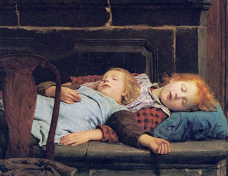 Zwei schlafende Mädchen auf der Ofenbank (1895) by Albert Anker