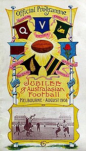 The first national interstate competition was held in 1908 and included New Zealand. Australasian Football Jubilee Carnival (1858-1908)-Official Programme.jpeg