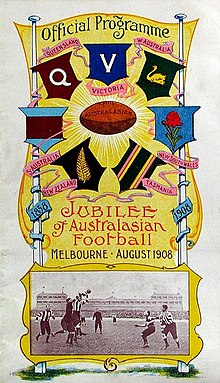 The first national interstate competition was held in 1908 Australasian Football Jubilee Carnival (1858-1908)-Official Programme.jpeg