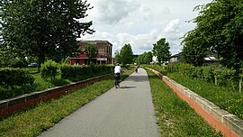 Het groene fietspad door het oude treinstation