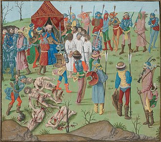 Execution of Christian prisoners by Bayezid I after the Battle of Nicopol in 1396. Ms. Fr 2646, attr. to the Master of the Dresden Prayer Book Battle of Nicopol aftermath Thr masacreofthecristians revenge for rahova massacre.jpg