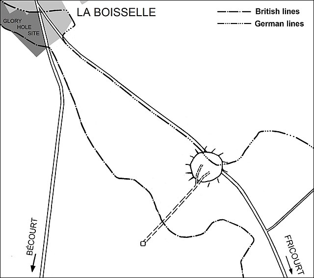 Plan of the Lochnagar mine; for an aerial view of the site with marked front lines, see here