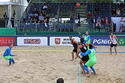 Deutsch: Beachhandball Europameisterschaften 2019 (Beach handball Euro); Tag 3: 4. Juli 2019 – Männer, Platzierungsrunde Gruppe III, Slowenien-Türkei 0:2 (18:18, 22:23) English: Beach handball Euro; Day 3: 4 July 2019 – Men Consolation Round Group III – Slovenia-Turkey 0:2 (18:18, 22:23)