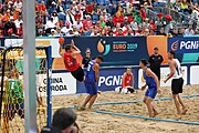 Deutsch: Beachhandball Europameisterschaften 2019 (Beach handball Euro); Tag 5: 6. Juli 2019 – Männer, Halbfinale, Dänemark-Ungarn 2:0 (19:16, 22:18) English: Beach handball Euro; Day 5: 6 July 2019 – Semifinal Men – Denmark-Ukraie 2:0 (19:16, 22:18)