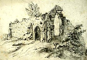 Ruines de l'abbaye après la guerre de Trente Ans, dessin du XVIIe siècle.