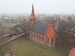 Aerial view dari Bergholz dengan gereja desa