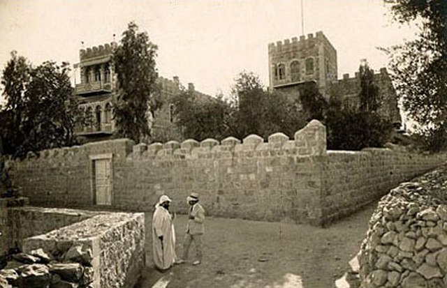 Boris Schatz outside the Bezalel campus, Jerusalem, 1913