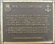 Memorial plaque for MV Blythe Star, lost off South West Cape in 1973 Blythe Star Plaque.jpg