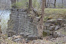 Remains of the Ingles Bridge on the New River. Bridge abutment at Ingles Ferry.jpg