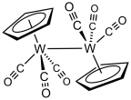 Cyclopentadienyltungsten tricarbonyl dimer ((C5H5.)2W2(CO)6) is produced from W(CO)6. CP2W2(CO)6.svg