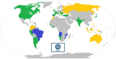Map of the Community of Portuguese Language Countries; member states (blue), associate observers (green), and officially-interested countries & territories (gold)