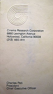 Business card for CEO of Cinema Research Corporation from 1971 with old area code for Hollywood, California with defunct phone number. CRC-defunct company buss card - 1976.jpg