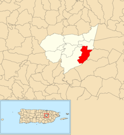 Агуас Буэнас муниципалитеті ішіндегі Кагюитастың орналасқан жері қызыл түспен көрсетілген