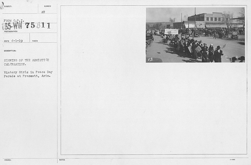 File:Ceremonies - Arizona - Signing of the Armistice Celebration. Victory Girls in Peace Day Parade at Prescott, Ariz - NARA - 23921341.jpg